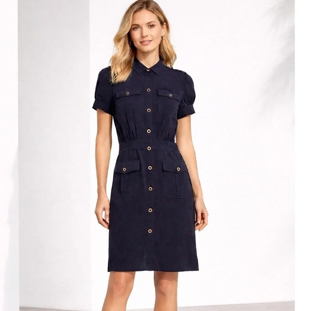 Tory Burch Silk Gennifer Utility Shirt Dress 4 Navy Blue‎ Gold Hardware Nautical